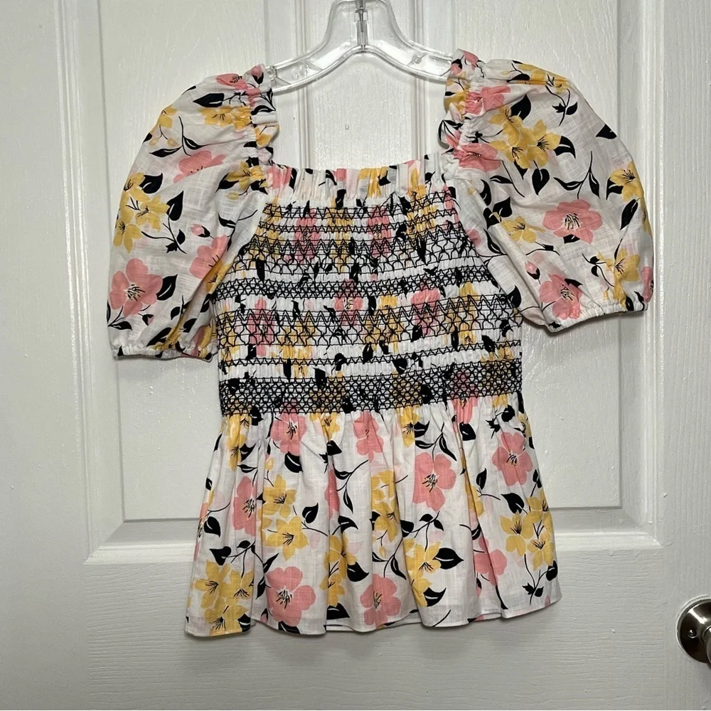 NWT KATE SPADE Lilly Blooms Floral Smocked Puff Sleeve Top | size XS